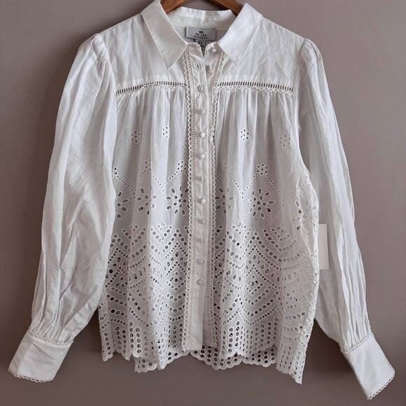 We Are Kindred Tops - We Are Kindred White Eyelet Button Front Long Sleeve Blouse Size 8 NEW